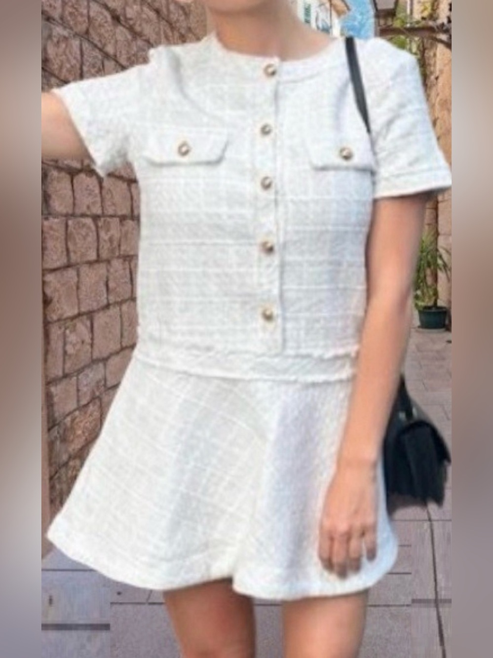 Commense White Tweed Button Front Mini Dress